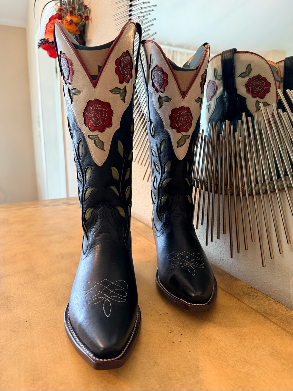 Tecovas Black Leather Women's Cowboy Boots with Red Rose Embroidery scarf. - Picture 3 of 16